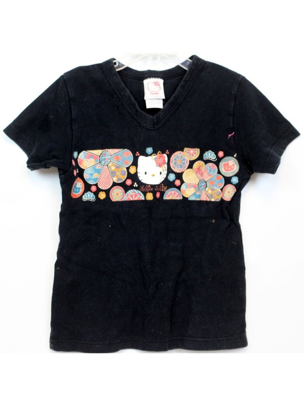 Y2K Hello Kitty T-Shirt sz 7/8 Flower Power Hippy Boho black Tee 2000 Throwback